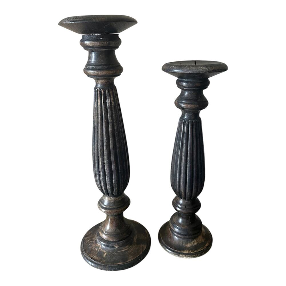 Tall candle holder set/2 large wooden carved unique home decor dark witchy wood